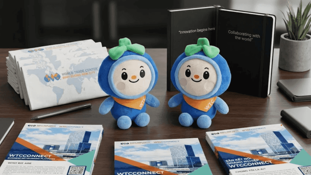 BIDU-Maskottchen aus Plüsch mit Taschen des World Trade Center Binh Duong New City