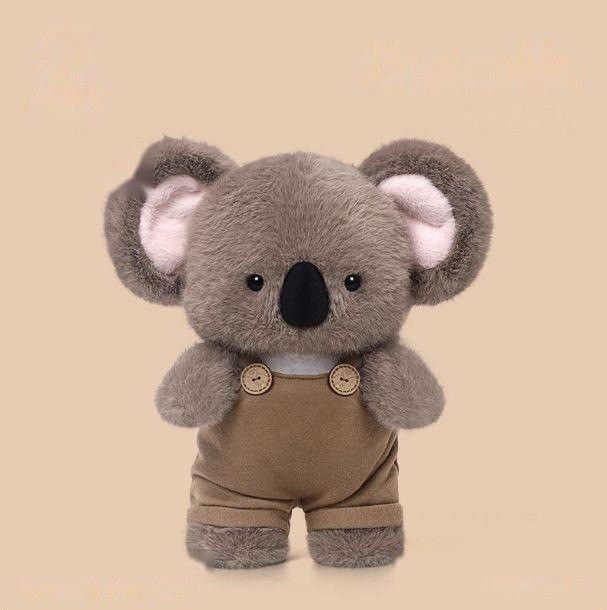 Thú bông gấu koala mặc quần yếm nâu có cúc gỗ, 31cm