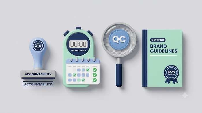 Four conceptual icons for partner evaluation: an accountability stamp, a verified-speed calendar, a QC magnifying glass, and a certified brand-guidelines book