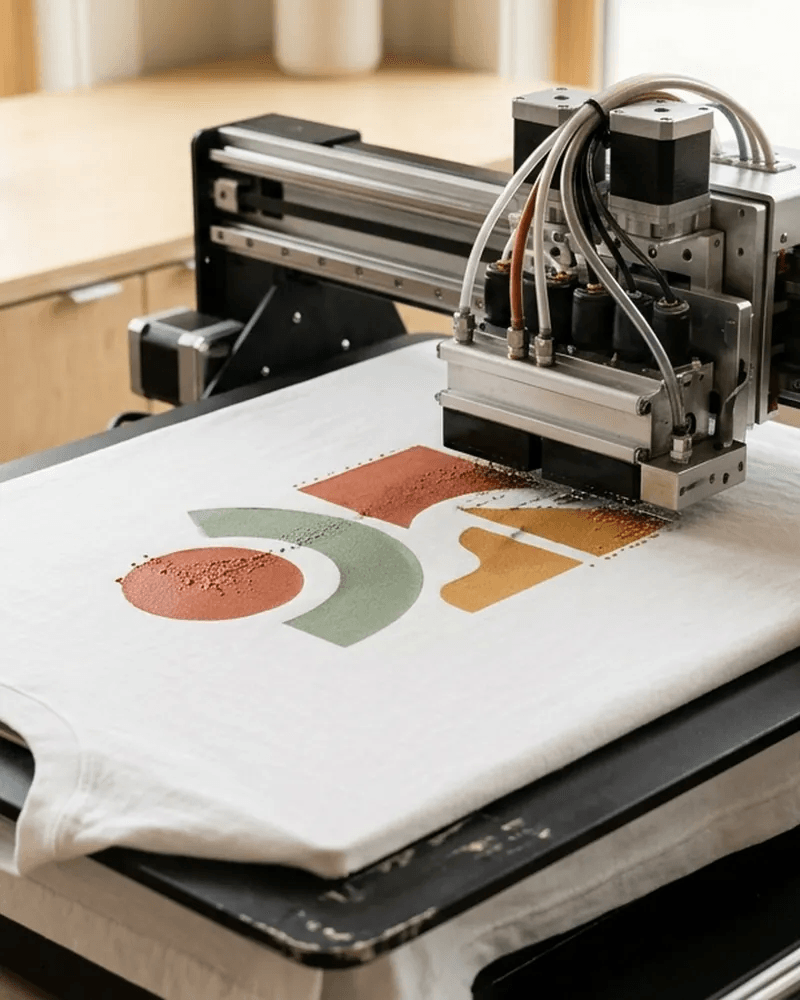 Textile printing machine applying custom artwork to blank shirt