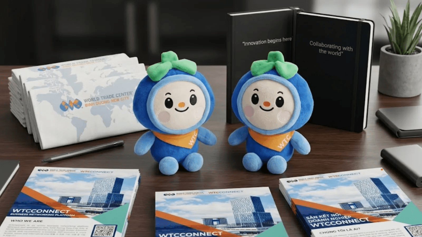 BIDU mascot plush figures with World Trade Center Binh Duong New City branded totes and WTCConnect materials