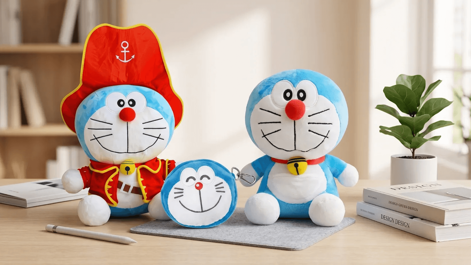 Doraemon plush toy in a pirate costume, produced to the license's exact face ratio and Pantone blue