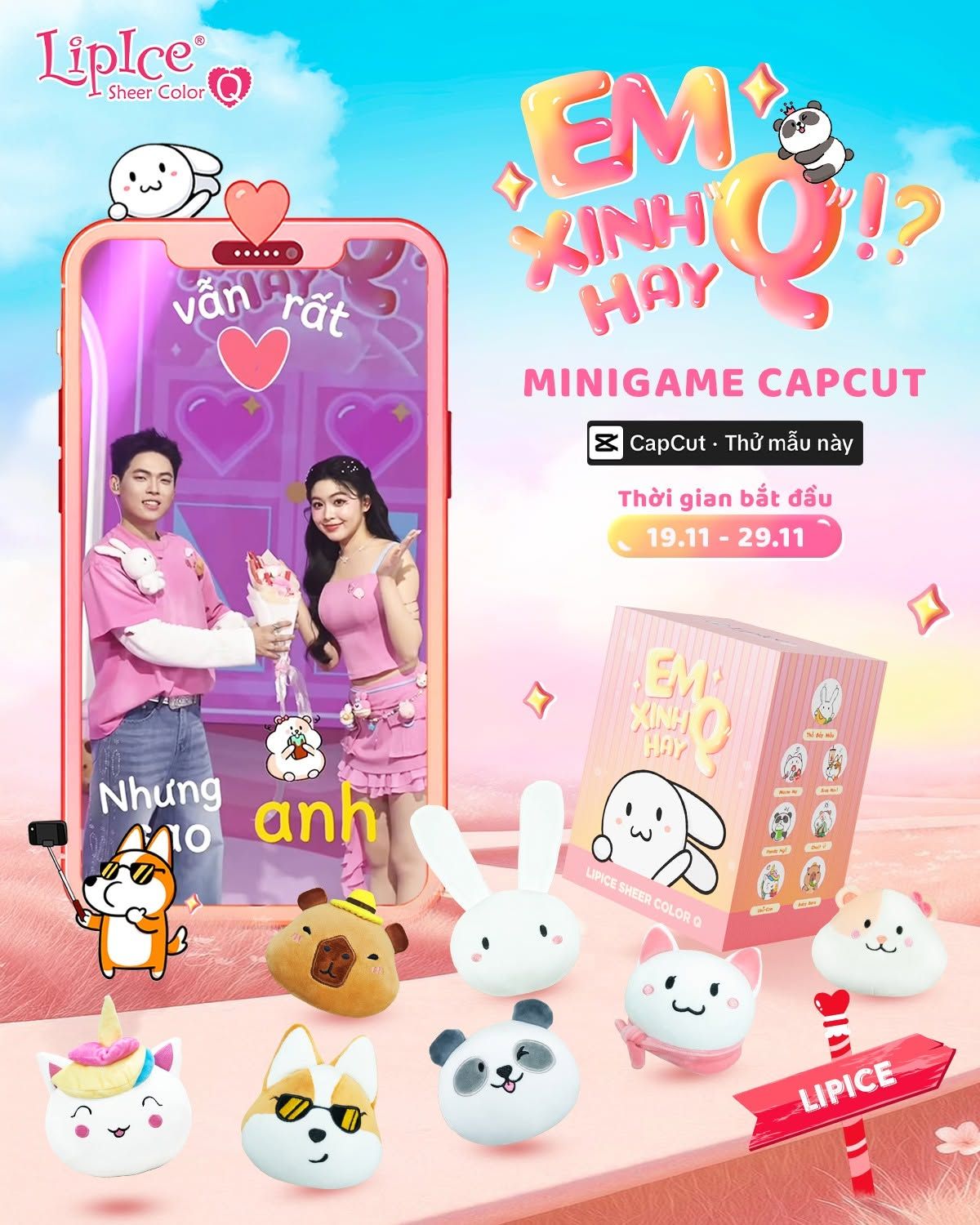 CapCut 미니게임 프로모션과 7종 블라인드박스 봉제인형 캐릭터를 담은 로토 LipIce Sheer Color Q 'Em Xinh Hay Q' 캠페인 키비주얼