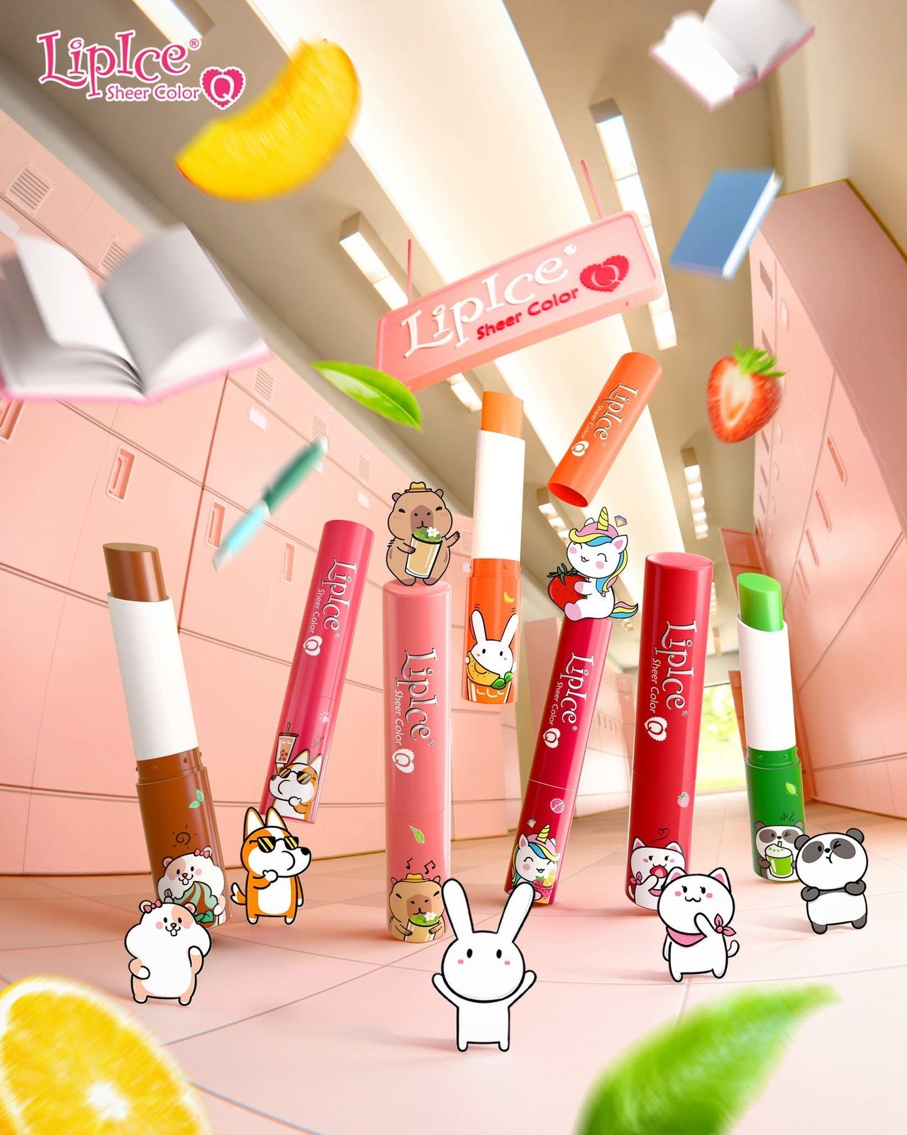LipIce Sheer Color Q 립밤 6종과 함께 진열된 Em Xinh Hay Q 블라인드박스 봉제인형 7종 완성품
